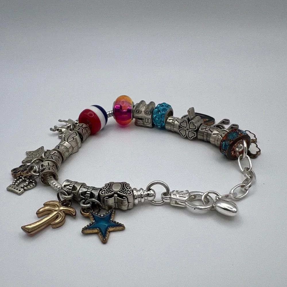 Silver Tone European Charm Bracelet‎ Mixed Glass Beads Rainbow Unicorn